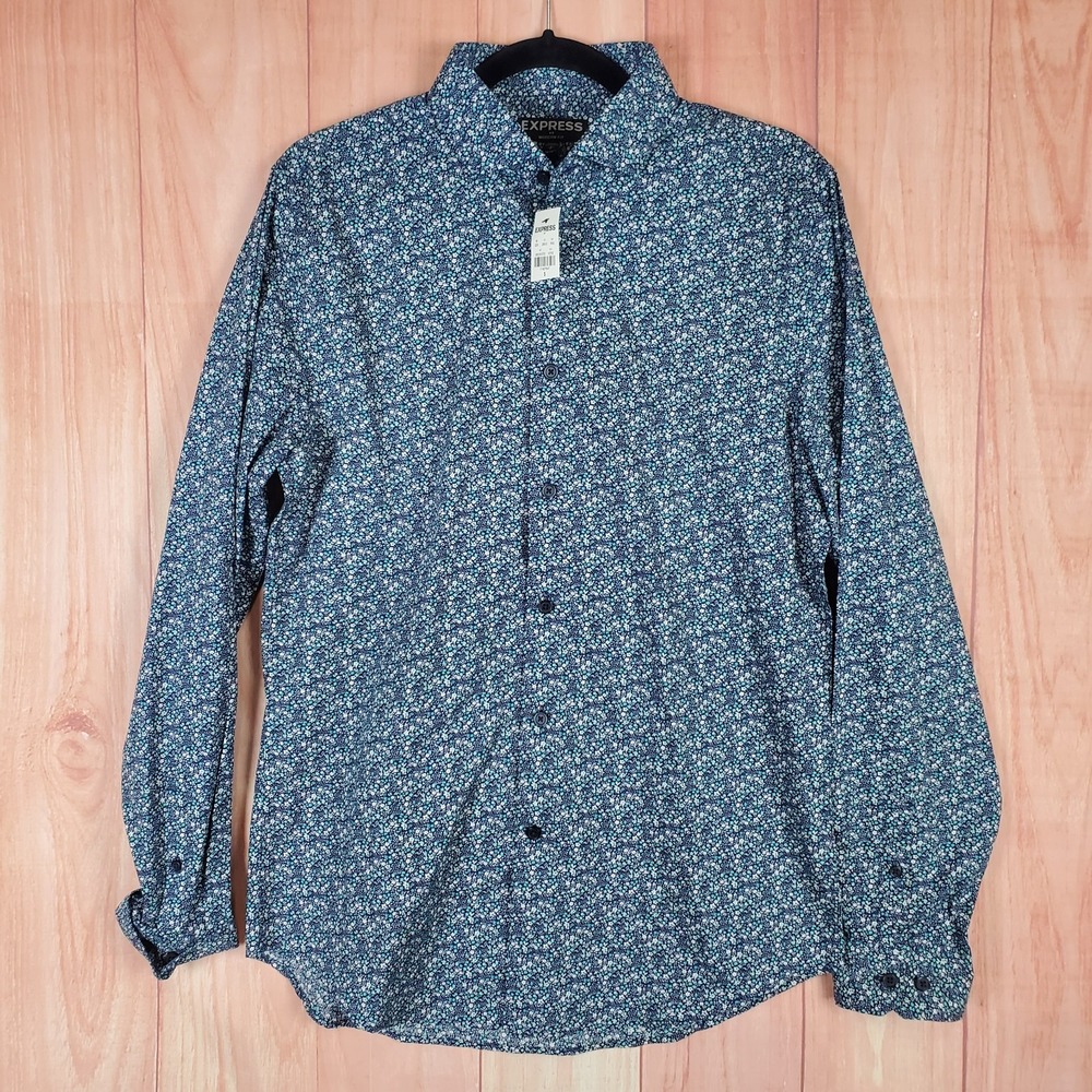 Express Mens Shirt Small Blue Floral 100% Cotton Collared Long Sleeve Button-Up